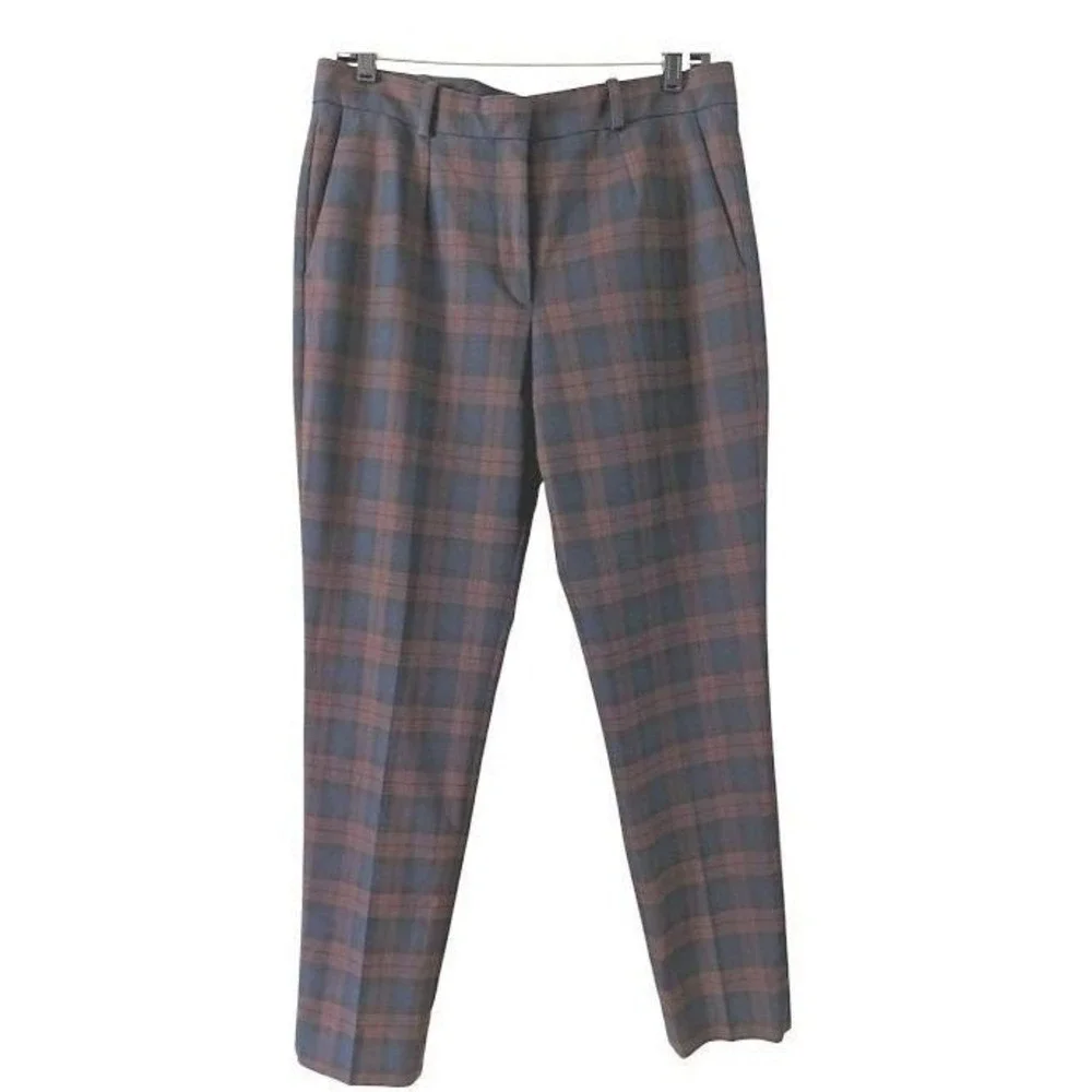 JIGSAW Womens Plaid Trousers Navy Brown Slim‎ Fit Career Pants Size US 8